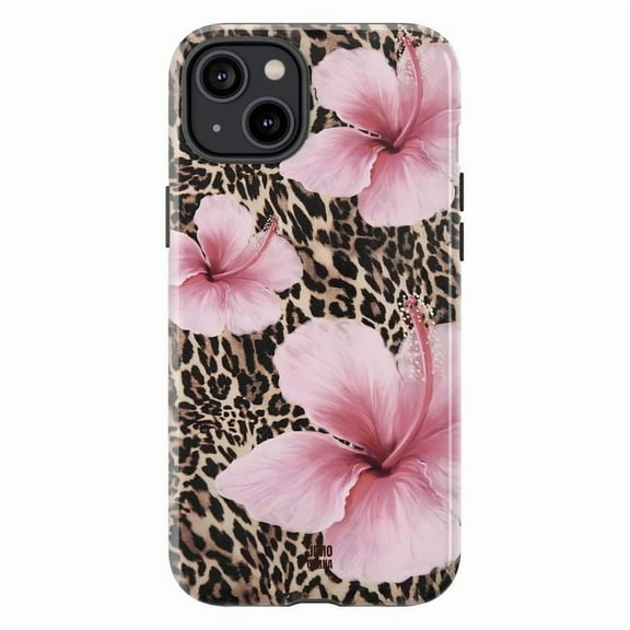 Pink Hibiscus Floral Leopard Print Phone Case, Tropical Animal Print iPhone Cover, Bold and Stylish Floral Safari Design for iPhone 16 15 14 13 12 11 Pro Max Mini Plus