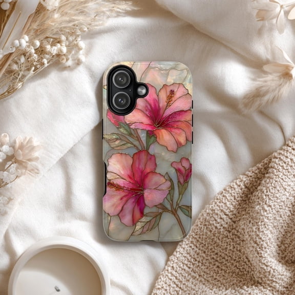 Pink Hibiscus Floral Tough phone case | Tropical Stained Glass PRINTED Design