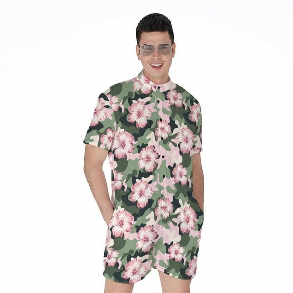 Pink Hibiscus Flower Camouflage Short Sleeve Men'S Rompers, Tropical Floral Hawaiian Casual Summer Jumpsuits Outfit