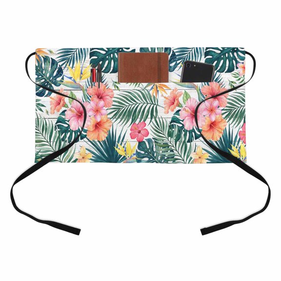 Pink Hibiscus Flower Half Waist Apron Palm Leaf Summer Coastal Tropical Botanical Short Waiter Aprons with 3 Pockets for Women Men Kitchen Restaurant Cooking