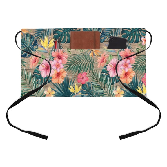 Pink Hibiscus Flower Half Waist Apron Palm Leaf Summer Coastal Tropical Botanical Vintage Short Waiter Aprons with 3 Pockets for Women Men Kitchen Restaurant Cooking