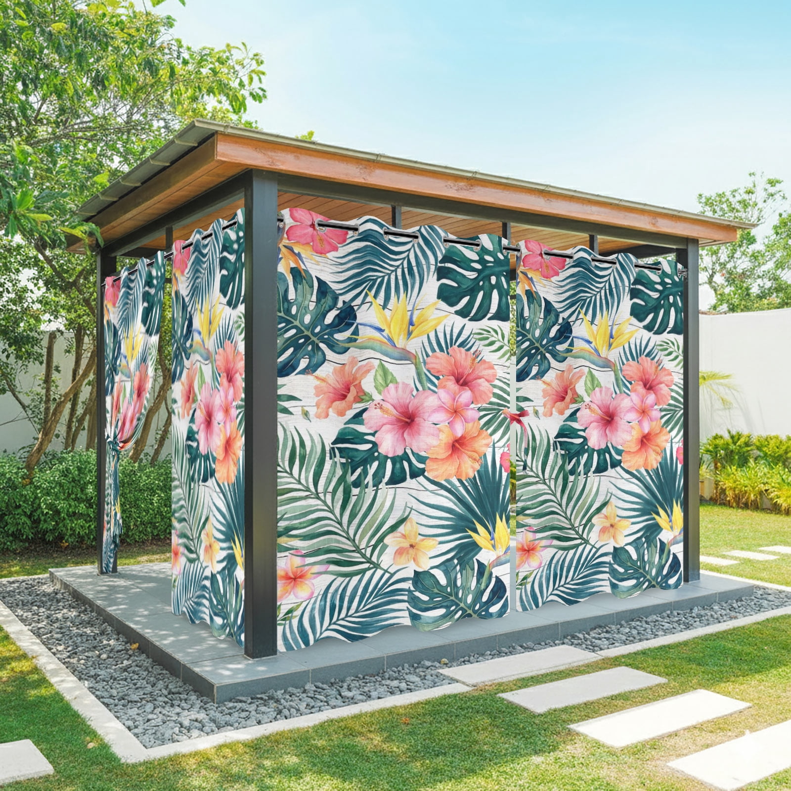 Pink Hibiscus Flower Outdoor Curtains for Patio, Palm Leaf Summer Coastal Tropical Botanical Sunshade Privacy Drapes Grommet Waterproof Outside Curtains for Porch/Cabana/Balcony 54"x 108", 1 Panel