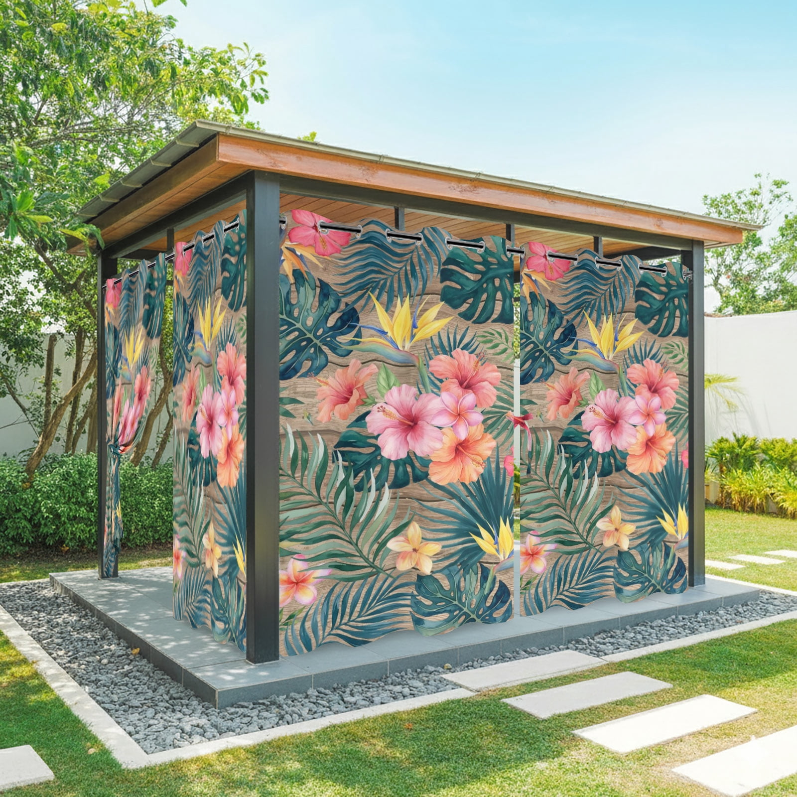 Pink Hibiscus Flower Outdoor Curtains for Patio, Palm Leaf Summer Coastal Tropical Botanical Vintage Sunshade Privacy Drapes Grommet Waterproof Outside Curtains for Porch Balcony 54"x108", 1 Panel