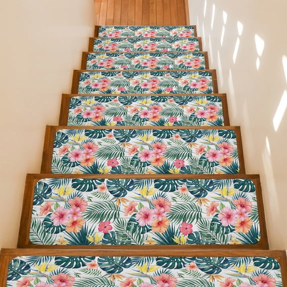 Pink Hibiscus Flower Stair Treads Non Slip for Steps Palm Leaf Summer Coastal Tropical Botanical 4 Pcs Reusable Adhesive Stair Runner Mats for Dogs Elders Carpet Treads Rugs for Staircase 8x30 In
