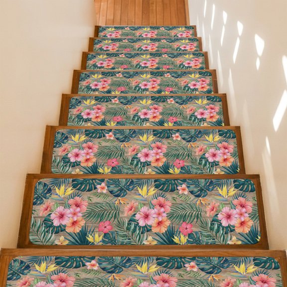 Pink Hibiscus Flower Stair Treads Non Slip for Steps Palm Leaf Summer Coastal Tropical Botanical Vintage 4 Pcs Reusable Adhesive Stair Runner Mats for Dogs Elders Treads Rugs for Staircase 8x30 In