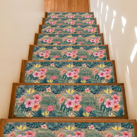 Pink Hibiscus Flower Stair Treads Non Slip for Steps Palm Leaf Summer Coastal Tropical Botanical Vintage 4 Pcs Reusable Adhesive Stair Runner Mats for Dogs Elders Treads Rugs for Staircase 8x30 In