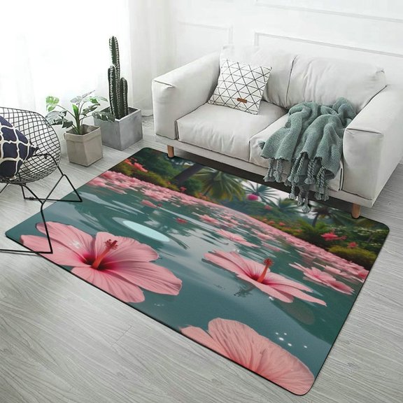 Pink Hibiscus Flowers Floating in Water Carpet Rug for Home Living Room Bedroom Sofa Doormat Decor Area Rug Non-slip Mat