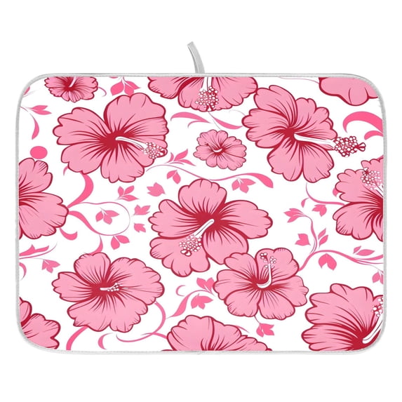 Pink Hibiscus Flowers and Leaves Pattern Drying Dish Mat Quick Drying Absorbent Soft Durable for Kitchen 18" x 24"