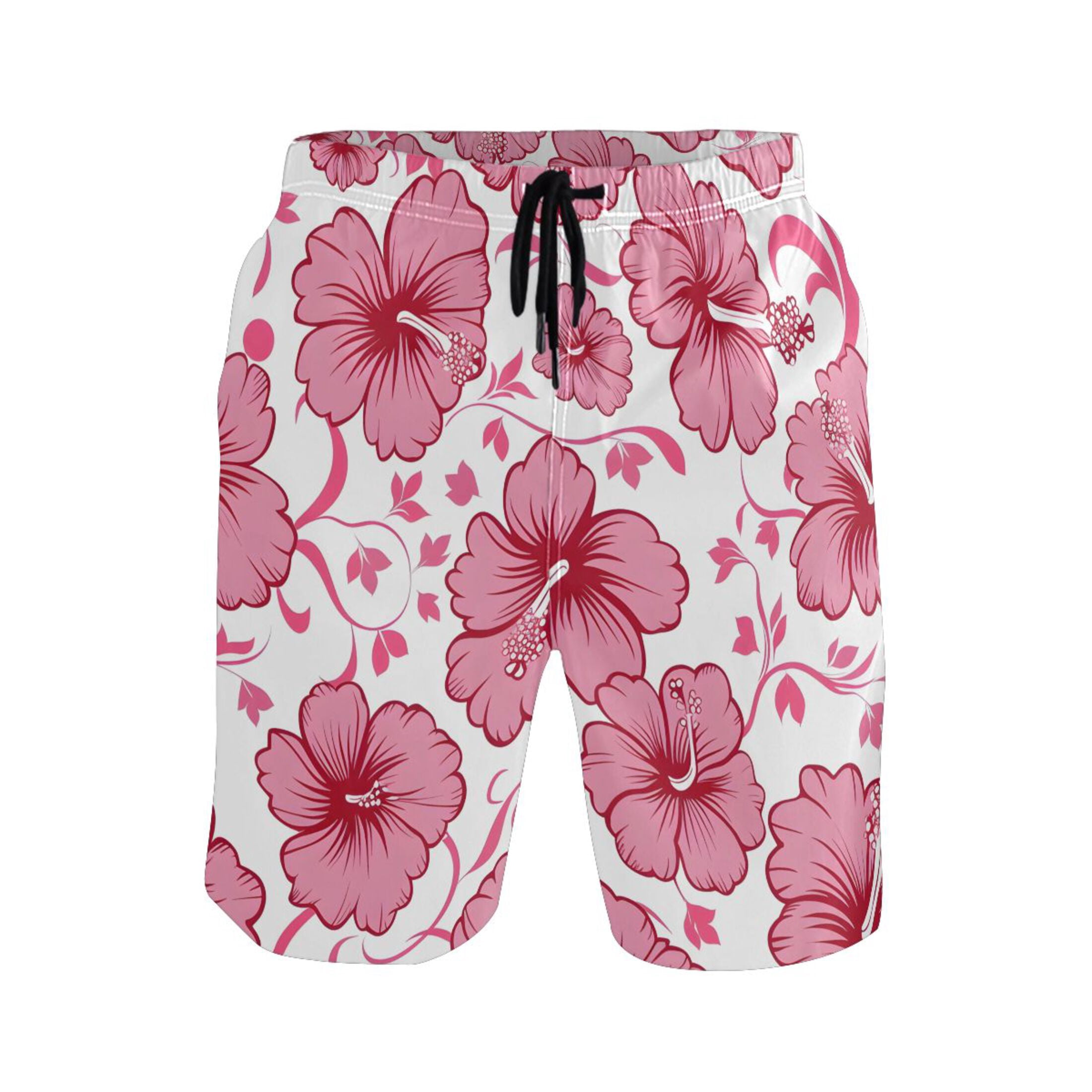 Pink Hibiscus Flowers and Leaves Pattern Mens Swim Trunks Quick
