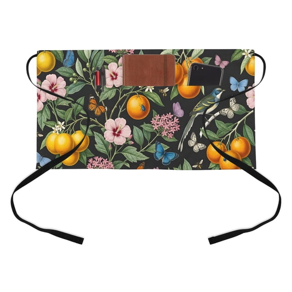 Pink Hibiscus Kitchen Restaurant Half Waist Apron, Tropical Plant Tropical Citrus Butterfly Green Leaf Server Short Apron with 3 Pockets Waterproof Oil Waist Aprons for Women Waitress Waiter