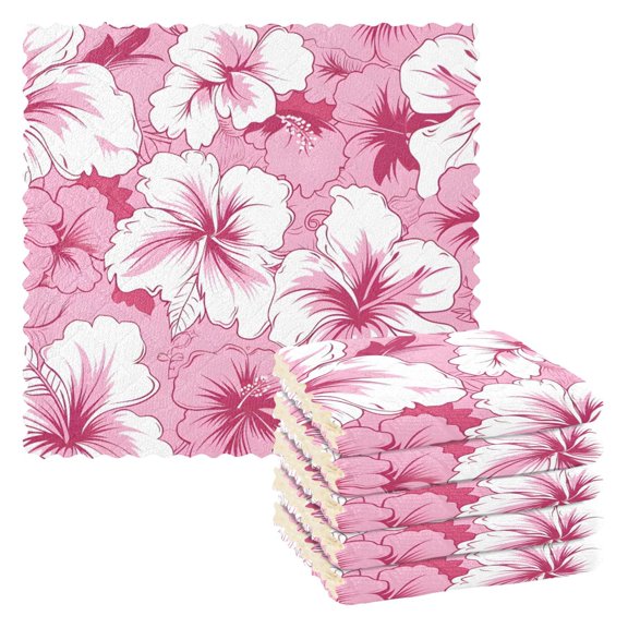 Pink Hibiscus Pattern Dish Towels 6 Pack Kitchen Cleaning Dish Cloths Absorbent Reuseable Cleaning Cloths 11'' x 11''
