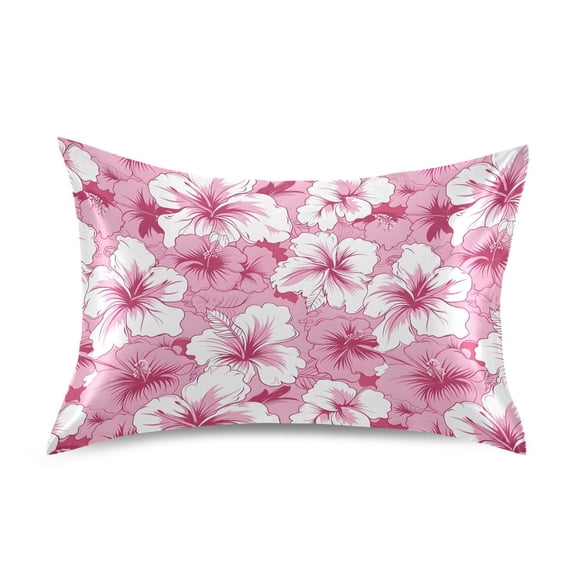 Pink Hibiscus Pattern Pillowcase Standard Size 20''x26'' Satin Double-Sided Print Soft Wrinkle Resistant