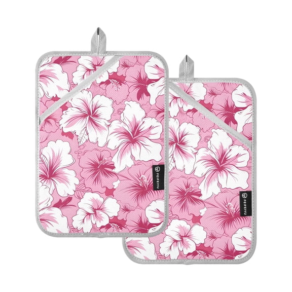 Pink Hibiscus Pattern Pot Holder Set 2 Piece Non-Slip Oven Hot Pads Heat Resistant Durable 7x9.8in