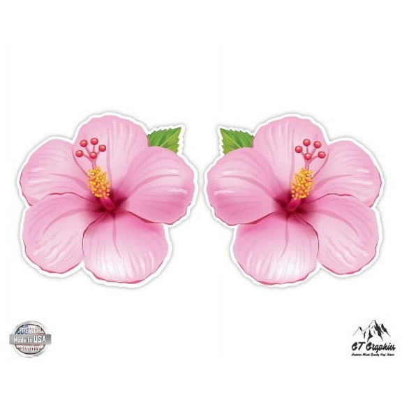 Pink Hibiscus Set of 2 Hawaiian Tropical Theme - 2" Each Vinyl Stickers - For Car Laptop I-Pad Phone Helmet Hard Hat - Waterproof Decal