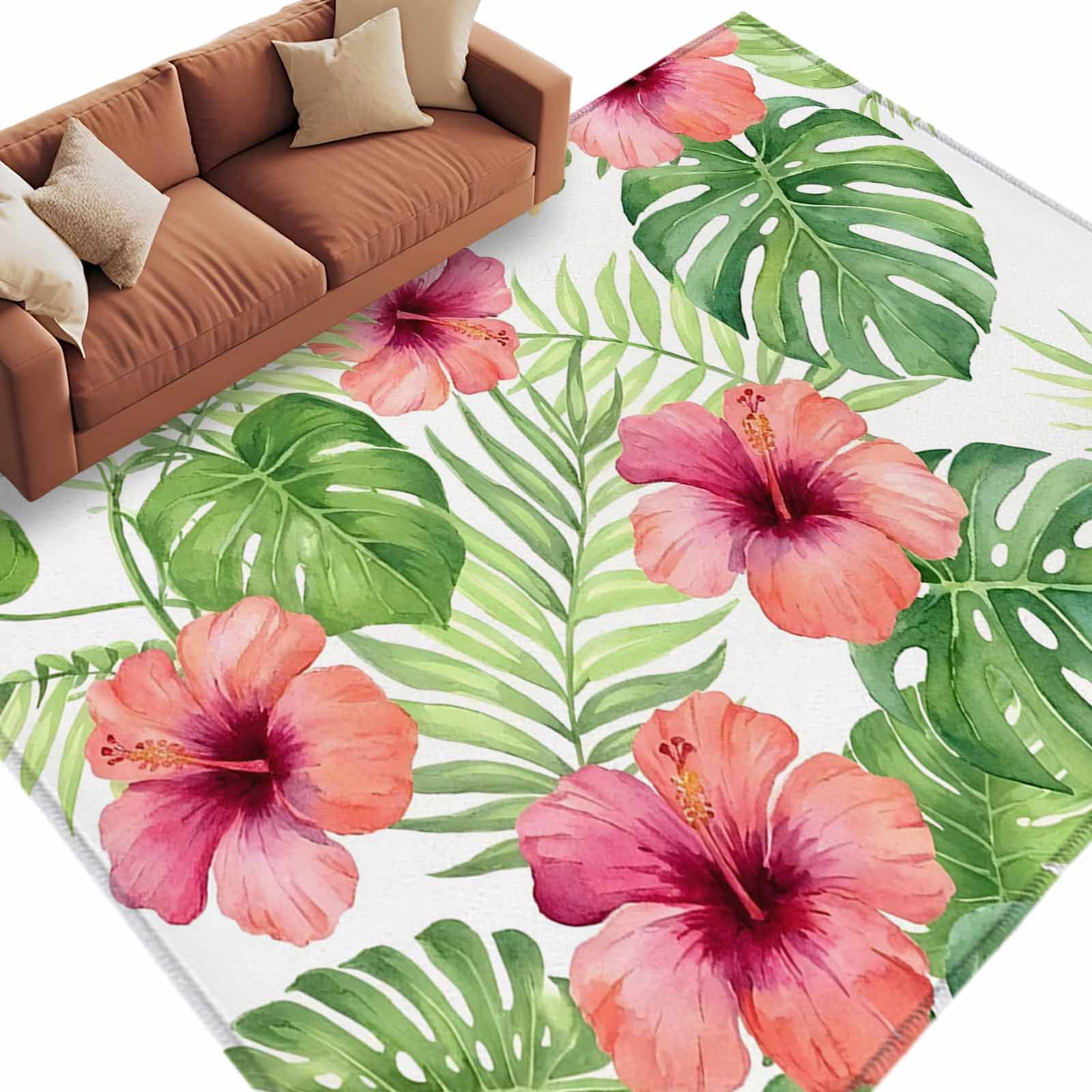 Hibiscus Rug Pink Hibiscus Washable Living Room Rugs 5'x7', Boho Summer Monstera ...