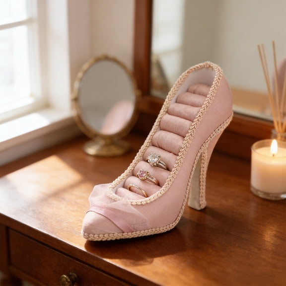 Pink High Heel Shoe Jewelry Organizer Stand Resin Ring Necklace Brooch Display Holder Cute Vanity Dresser Trinket Rack Space Saving Decorative Storage Gift for Fashion Accessories