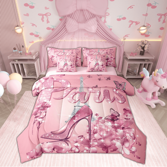 Pink High Heel Shoes Bedding Comforter Sets 7 Piece Women Eiffel Tower Paris Style Bed In A Bag Twin Dreamy Glitter Butterfly Bed Set Princess Bedroom Decor Romantic Themed Sheet Set
