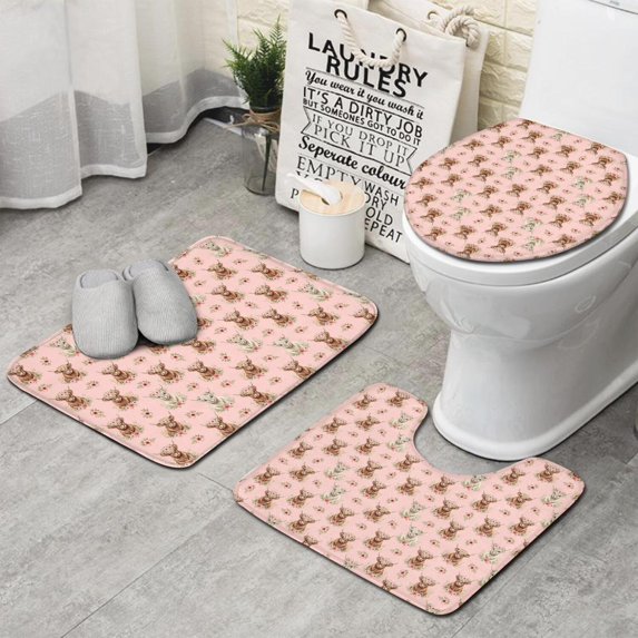 Pink Highland Cow Flower Pattern Bathroom Rugs Sets 3 Piece,Toilet Cover Set,Absorbent Non Slip Bathroom Mats Sets with U-Shaped Contour Rug Toilet Rug Set