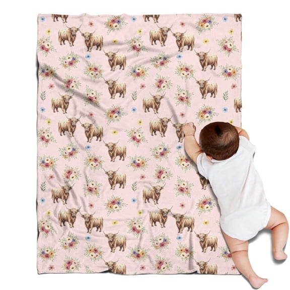 Pink Highland Cow Flower Pattern Blanket,Comfortable Soft Flannel Throw Blanket,All Season,Warm Lightweight Blankets for Sofa Bed Couch Living Room Chair,30"x40"
