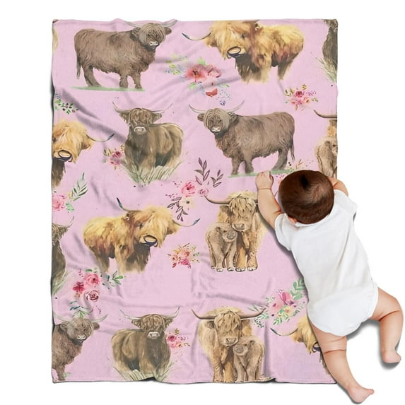 Pink Highland Cow Flower Pattern Blanket,Comfortable Soft Flannel Throw Blanket,All Season,Warm Lightweight Blankets for Sofa Bed Couch Living Room Chair,30"x40"
