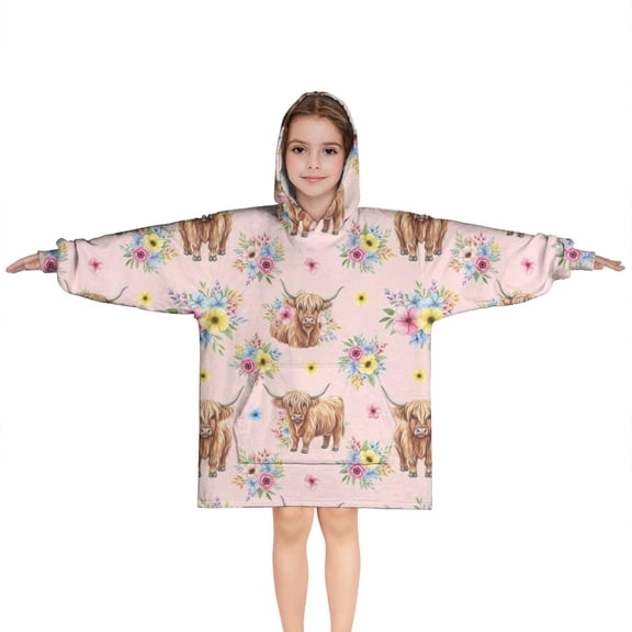 Pink Highland Cow Flower Pattern Blanket Hoodies for Kids 6-13YR Oversize Wearable Blanket Hoodies for Boys Girls Teens