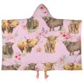 thumbnail image 1 of Pink Highland Cow Flower Pattern Hooded Bath Towel，60"x35" for Ages 3 To 12 Kids, Quick Dry Lightweight Soft Microfiber Hood Beach Towel Cover Up for Kids, 1 of 7