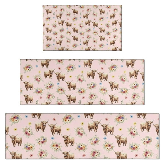 Pink Highland Cow Flower Pattern Kitchen Rugs Sets Of 3,Kitchen Runner Rugs Non Skid Washable,Decorative Kitchen Floor Mats for Kitchen,Sink,Laundry,17"x30"+ 17"x47" + 17"x59"