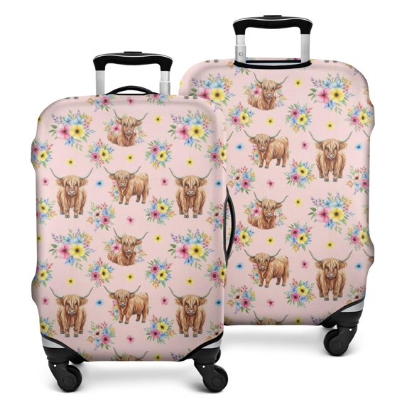 Pink Highland Cow Flower Pattern Luggage Cover Fashion Suitcase Cover Baggage Covers Fit 25-28 Inch Luggage (Go Travel)
