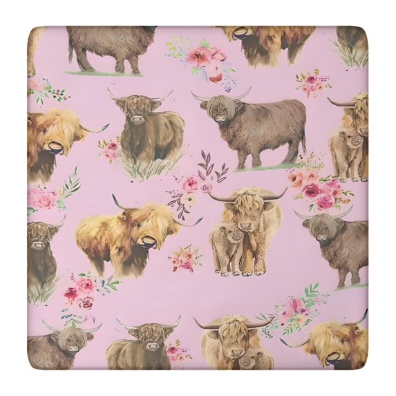 Pink Highland Cow Flower Pattern Square Fitted Tablecloth with Elastic Edge,Square Table Cover,Washable Elastic Table Cover for Home Kitchen Party Decor 36"x36"