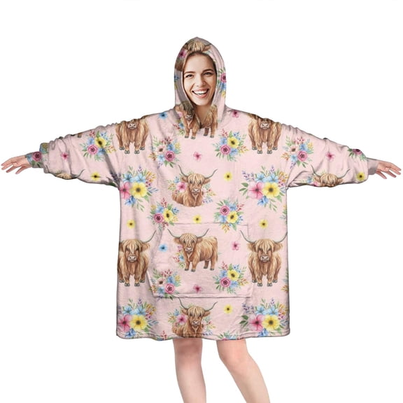 Pink Highland Cow Flower Pattern Wearable Oversized Blanket,Wearable Blanket Hoodie for Adults,Cozy Hooded Blankets with Super Pockets,Super Warm Fuzzy Pullover for Women & Men