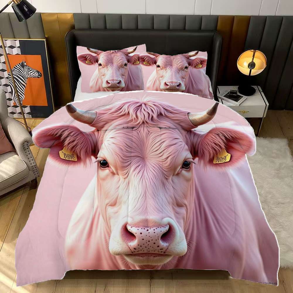 Pink Highland Cow Pattern Comforter Set Queen Size Bedding Set For ...