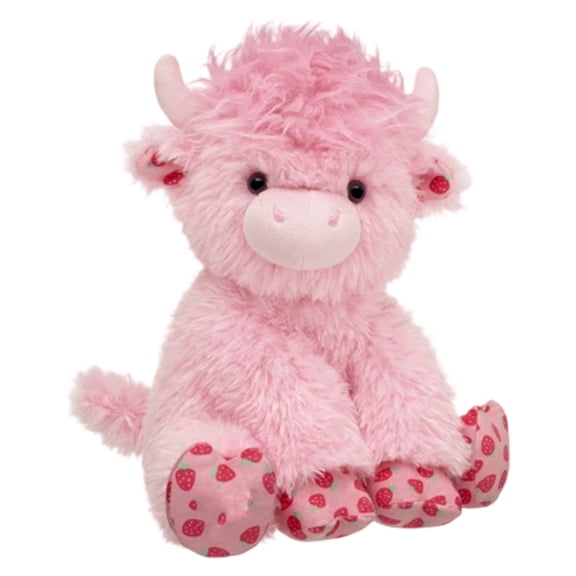 Pink Highland Cow Plush - 11.81in Cute Soft Fluffy Stuffed Figure with Strawberry Accents, Cozy Decor & Valentines Plush Collectible