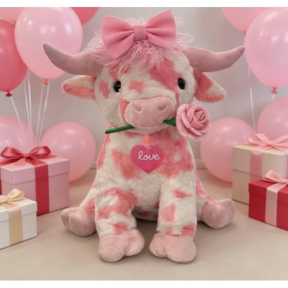 Pink Highland Cow Plush Toy, Valentines Highland Cow Stuffed Animal with Bow& Rose, Spotted Cute Highland Cow Plush, Farm Animal Decor, Perfect Gifts for Kids Girlfriends Lover Collectors