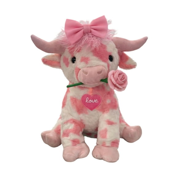 Pink Highland Cow Stuffed Animal, Valentines 13.8inch Highland Cow Plush Toy with Bow& Rose, Farm Animal Cattle Plush Decor, Kawaii Plushies for Kids, Christmas Gifts for Girlfriends Lover
