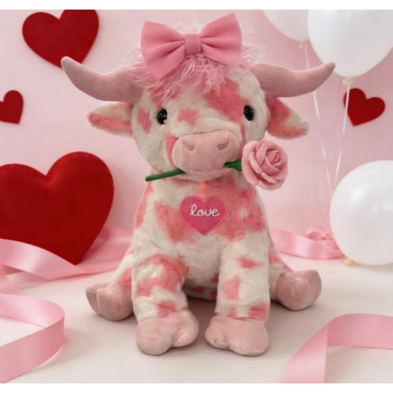 Pink Highland Cow Stuffed Animal, Valentines 13.8inch Highland Cow Plush Toy with Bow& Rose, Farm Cattle Plush Decor, Soft Plush Pillow for Kids, Christmas Gifts for Girlfriends Lover Collectors