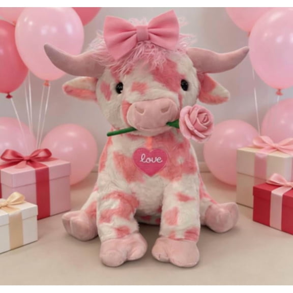 Pink Highland Cow Stuffed Animal, Valentines Day Highland Cow Plush Toy with Bow& Rose, Kawaii Realistic Cow Plush, Kids Boys Girls Plushies, Birthday Gifts for Girlfriends Lover