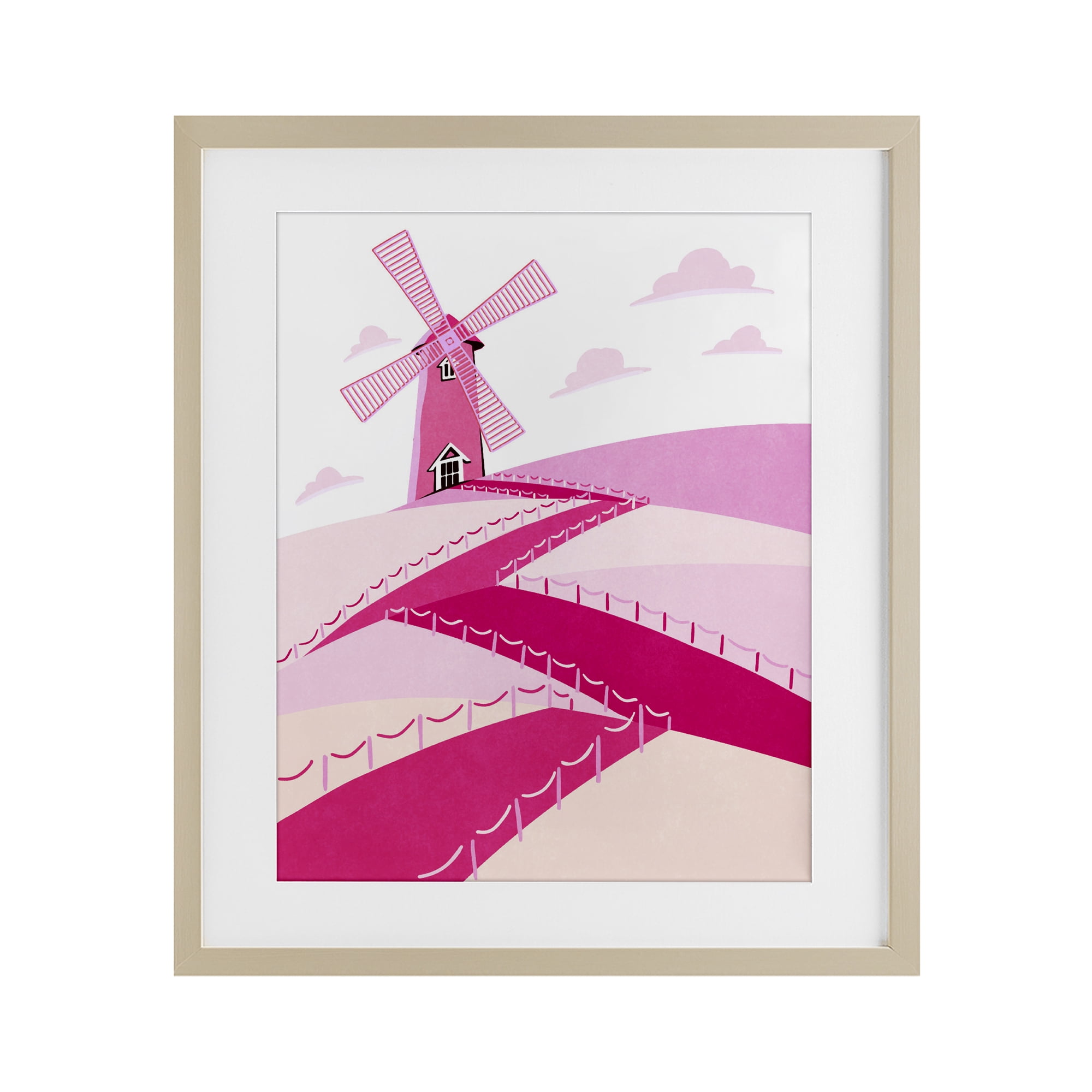 Pink Hills and Windmill Birch Framed Print Under Glass, design by Ziwei Li