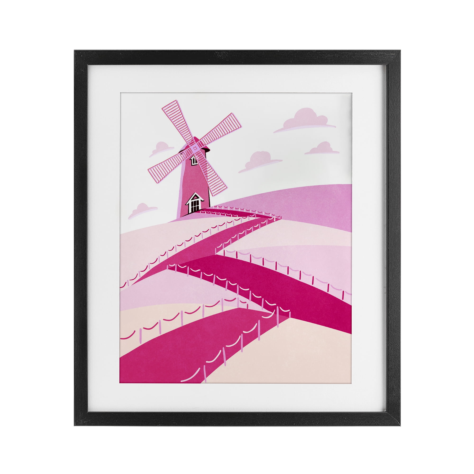 Pink Hills and Windmill Black Framed Print Under Glass, design by Ziwei Li