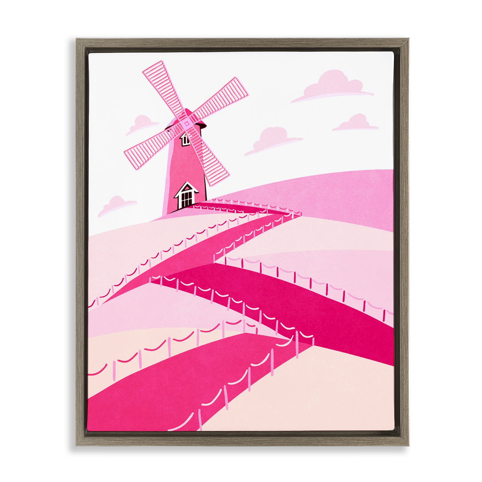 Pink Hills and Windmill Brown Framed Floater Canvas Wall Art, design by Ziwei Li