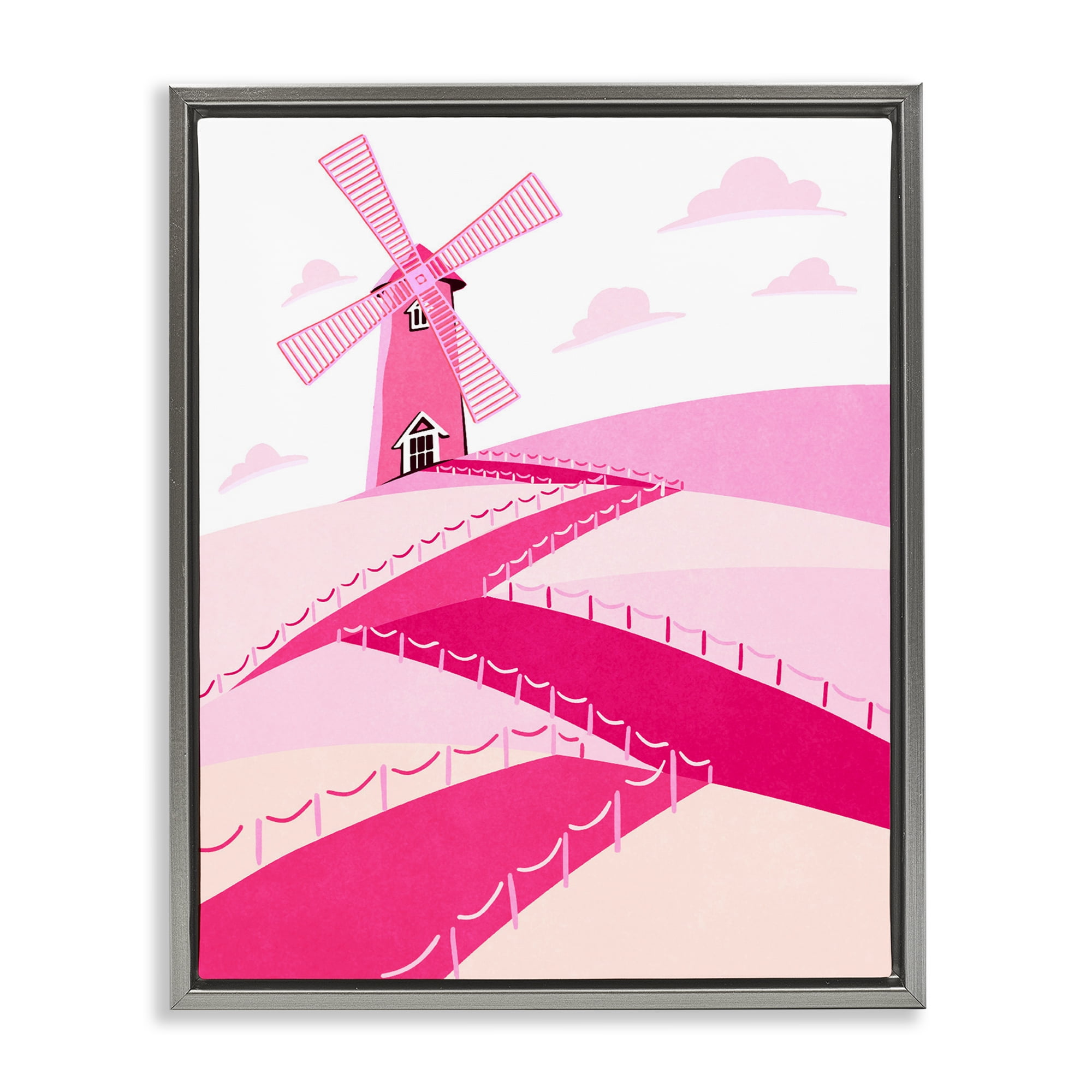 Pink Hills and Windmill Gray Framed Floater Canvas Wall Art, design by Ziwei Li