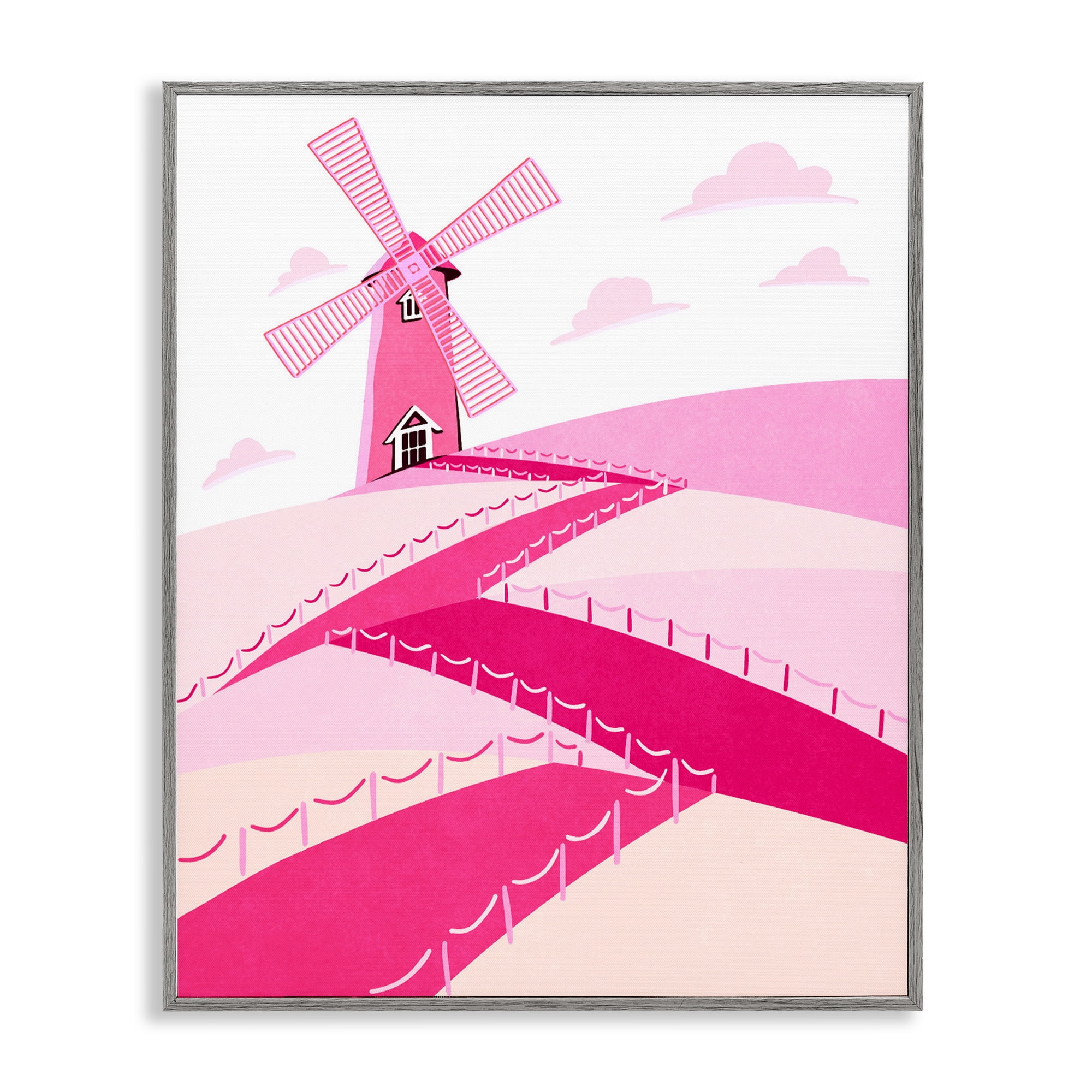 Pink Hills and Windmill Gray Framed Giclee Art, design by Ziwei Li