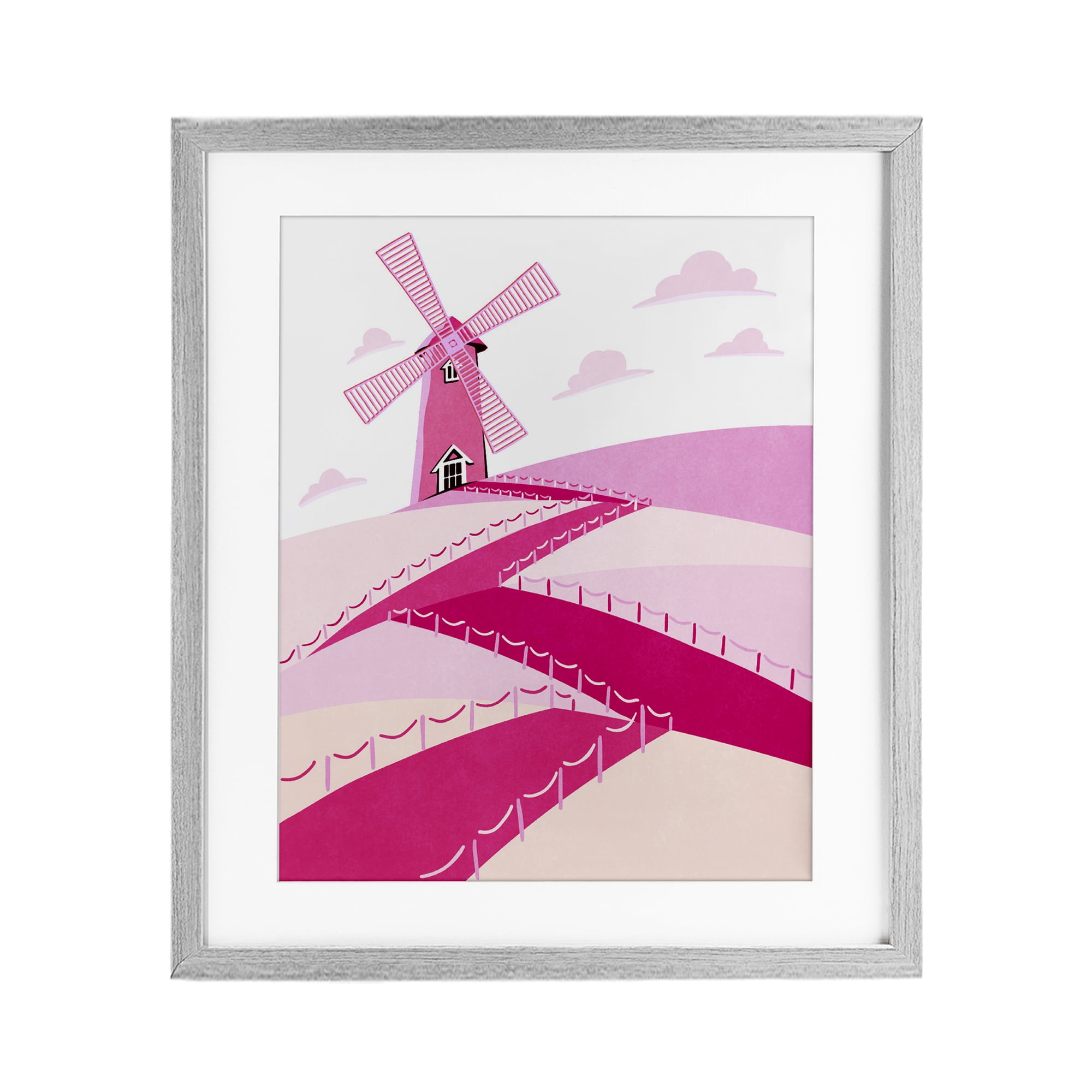 Pink Hills and Windmill Gray Framed Print Under Glass, design by Ziwei Li