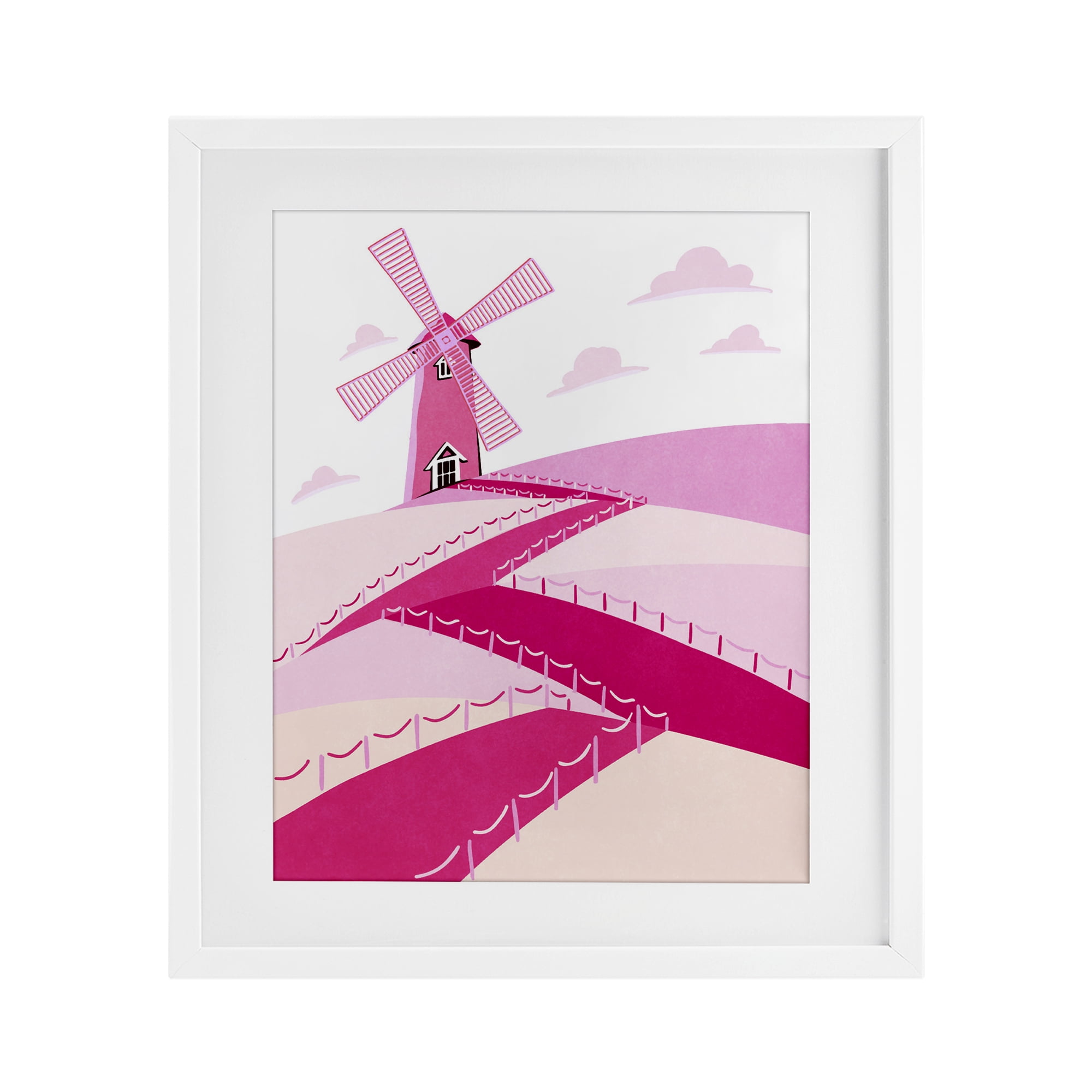 Pink Hills and Windmill White Framed Print Under Glass, design by Ziwei Li