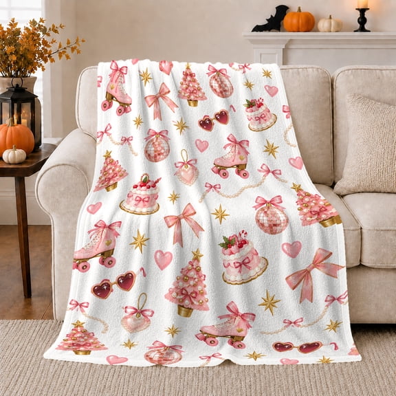 Pink Holiday Trees Roller Skates And Sweet confection illustrations, Soft Flannel Blanket with Pastel Festive Illustration Print, Housewarming Gift and Home Decor for Bedroom and Living Room