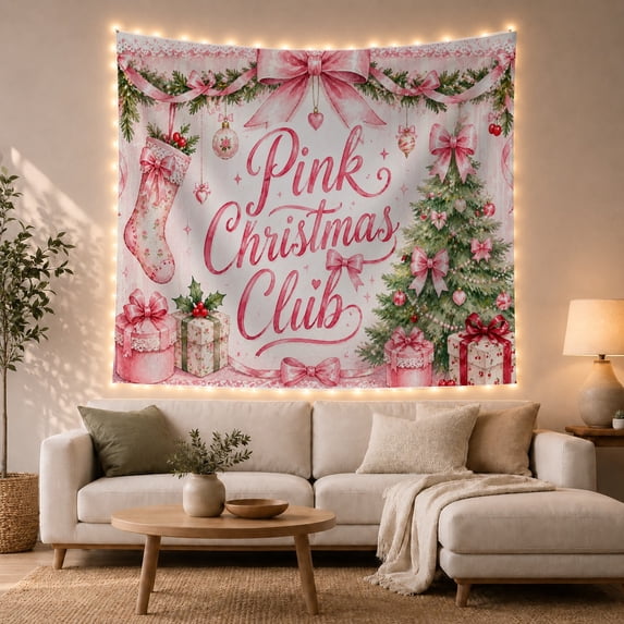 Pink Holiday Village and Sign Tapestry with Coordinated Seasonal Scenes
