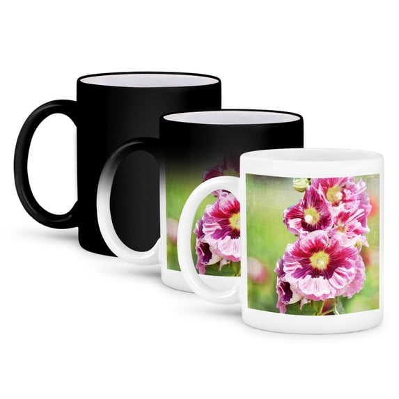 3dRose, Pink Hollyhocks Romantic Garden Photography, 11oz Magic Transforming Mug