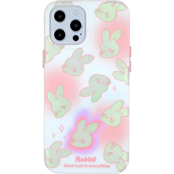 Pink Holographic Bunny Phone Case for iPhone 13 Pro, Cute Flower Laser Korean Cartoon Rabbit Case for Women Girls