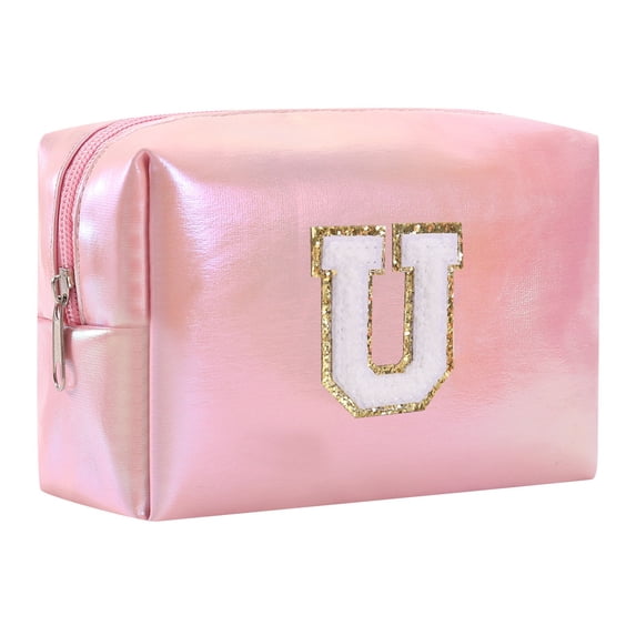 Pink Holographic Letter Makeup Bag Personalized Initial Cosmetic Pouch Waterproof Travel Organizer (Size/Style as Pictured)
