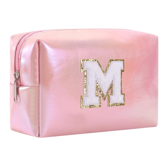 Pink Holographic Letter Makeup Bag Personalized Initial Cosmetic Pouch Waterproof Travel Organizer (Size/Style as Pictured)