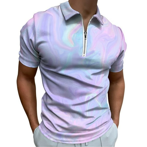 Pink Holographic Pastel Color Men Zipper T-shirt Summer Casual Short Sleeve T-shirt Top